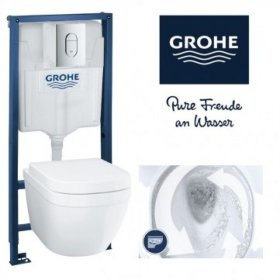 Klozeto komplektas GROHE Rapid Sl+Euro Rimless, komplekte potinkinis rėmas GROHE RAPID SL, pakab. klozetas GROHE EURO RIMLESS, be rėmelio, lėtai nusileidž. dangtis