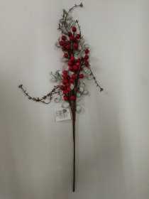 Kalėdinė dekoracija Šakelė, su baltais lapeliais ir raudonomis uogomis, 62 cm