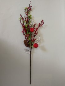 Dekoracija Šakelė, su keliomis raudonomis uogomis, kankorėžiu, žaliais mažais lapeliais, 66 cm