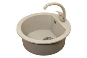 Plautuvės komplektas ODUS Od-301, D-51 cm, akmens masės, smėlio spalvos, komplekte maišytuvas, ventilis, Lenkija