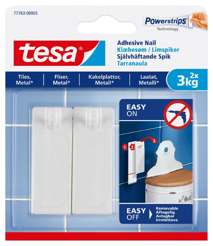 Klijuojami kabliukai TESA 77763, 2 vnt. x 3 kg, skirti iki 3 kg svorio kabinti, komplekte 3 dvipusio lipnumo juostelės