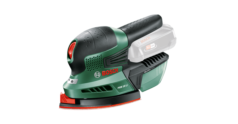 Akumuliatorinis delta šlifuoklis BOSCH Green PSM 18 Li Solo , be akumuliatoriaus ir kroviklios, 18V sistema, UŽS
