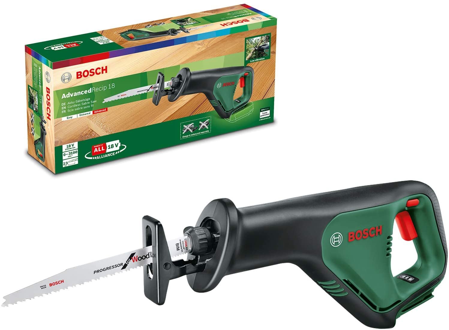 Akumuliatorinis tiesinis pjūklas BOSCH Green Solo , be akumuliatoriaus ir kroviklio, 18V Li sistema, svoris 2,5 kg, matmenys 438 x 197 x 102 mm