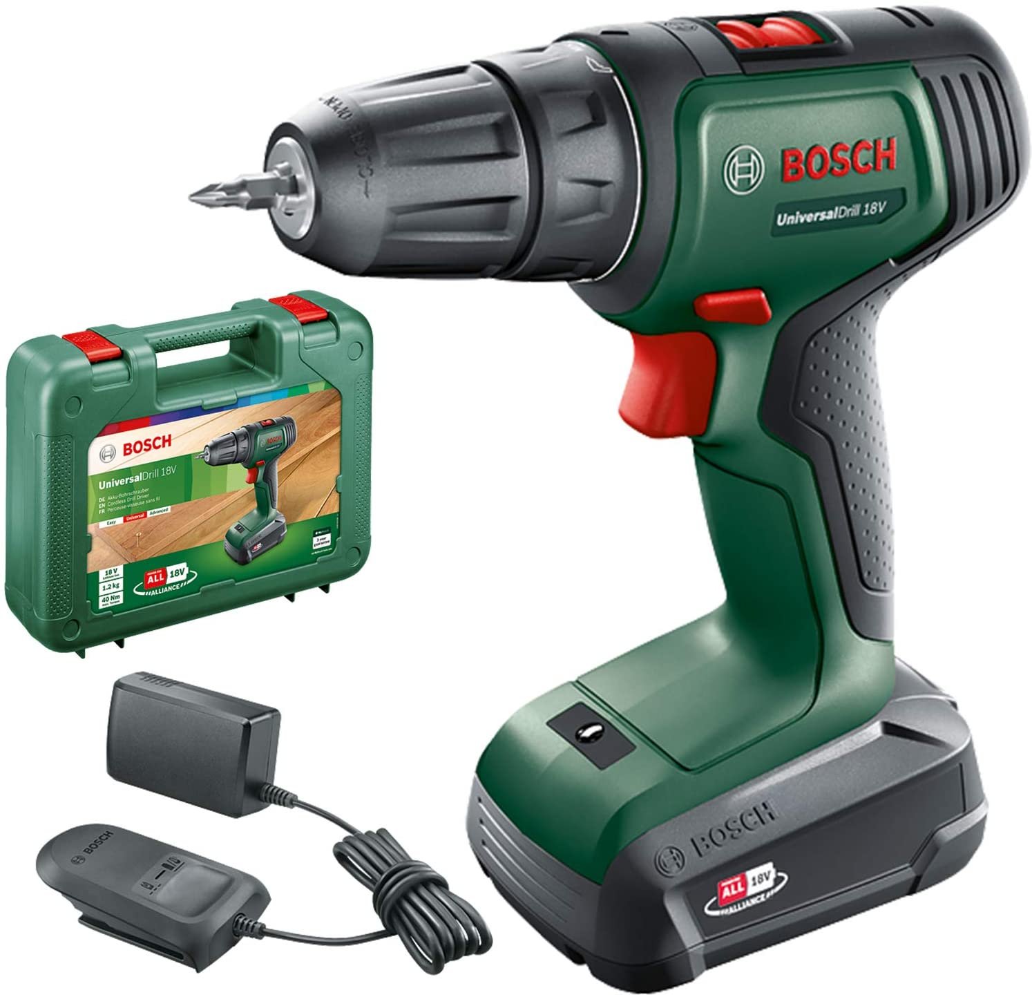 Akumuliatorinis suktuvas BOSCH Green, 18V, 1 x 1,5Ah, maks. sukimo momentas 40 Nm, svoris 1,2 kg, matmenys 179 x 57 x 215 mm