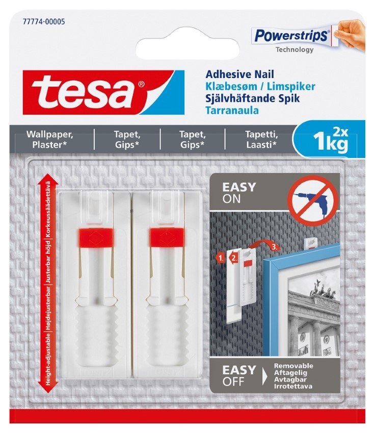 Klijuojami kabliukai TESA 77774, 2 vnt. x 1, lygiems paviršiams, reguliuoj. aukštis, skirti iki 1 kg, komplekte 3 dvipusio lipn. juostelės
