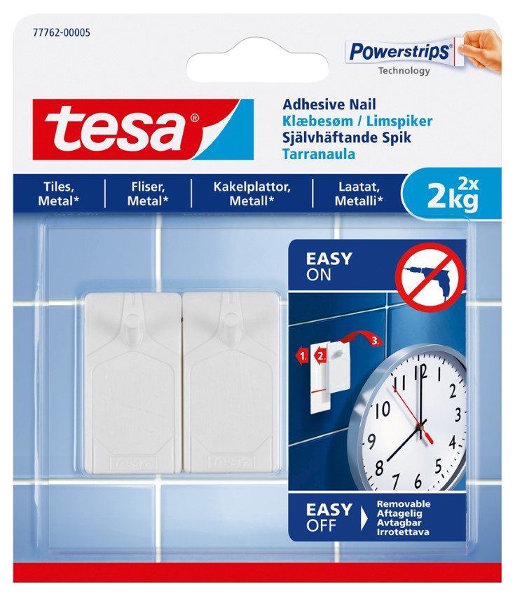 Klijuojami kabliukai TESA 77762, 2 vnt. x 2 kg, skirti iki 2 kg svorio kabinti, komplekte 3 dvipusio lipnumo juostelės