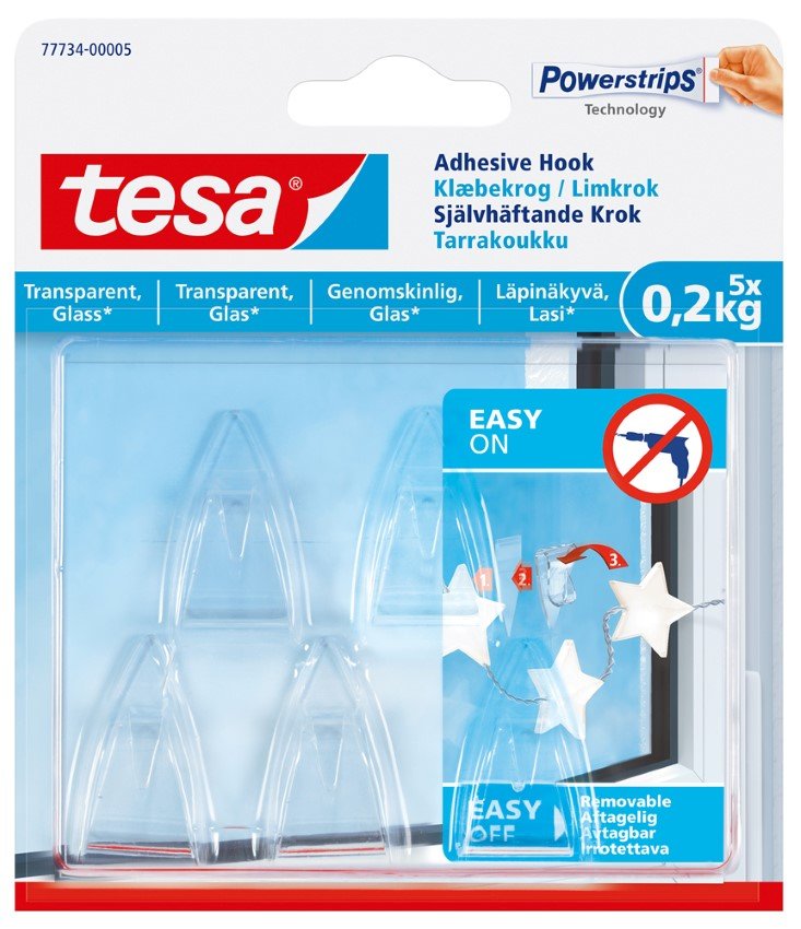 Klijuojami kabliukai TESA 77734, 5 vnt. x 0,2 kg, skaidrūs kabliukai DECO, skirti iki 0,2 kg svorio kabinti, komplekte 8 dvipusio lipnumo juostelės