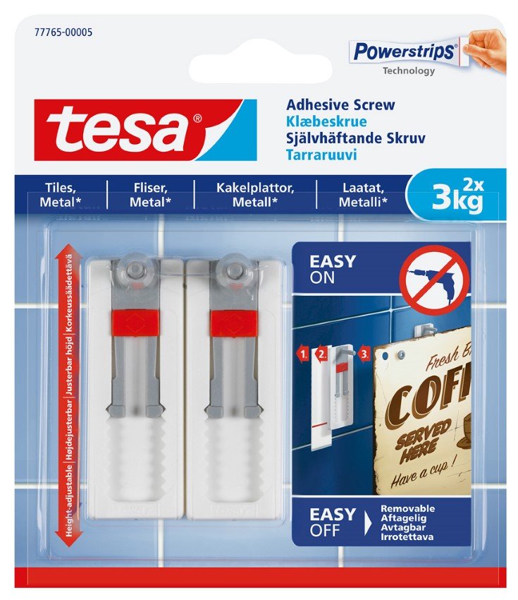 Klijuojami kabliukai TESA 77765, 2 vnt. x 3 kg, reguliuojamas aukštis, skirti iki 3 kg svorio kabinti, komplekte 3 dvipusio lipnumo juostelės