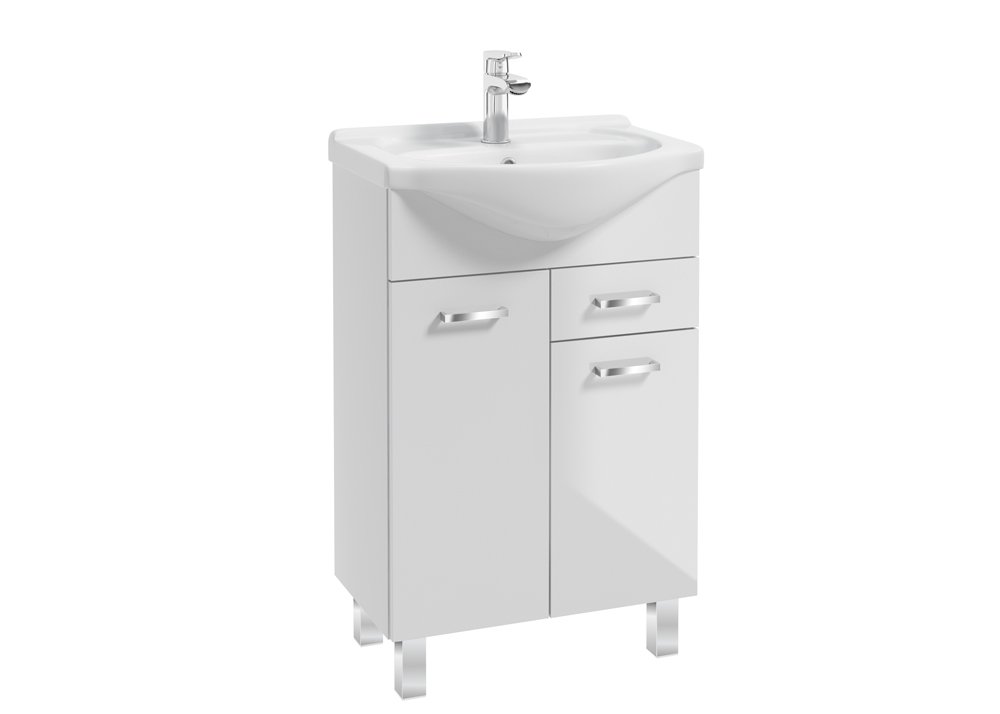 Vonios spintelės komplektas DEFRA Mea D55, 82 x 51,5 x 29,6 cm, pastatoma, 2 durų su stalčiumi, su praustuvu ROBERTO 55, balta