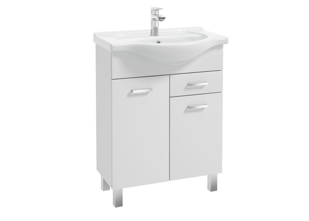 Vonios spintelės komplektas DEFRA Mea D65, 82 x 61,5 x 29,6 cm, pastatoma, 2 durų su stalčiumi, su praustuvu ROBERTO 65, balta