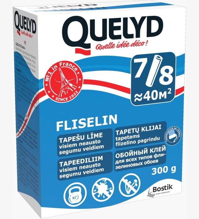 Tapetų klijai QUELYD Fliselin, 300 G, Klijai visų rūšių tapetams neausto flizelino pagrindu. Tinka sausoms ir drėgnoms patalpoms