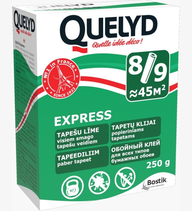 Tapetų klijai QUELYD Express, 250 G, Ekonomiški klijai visų tipų popieriniams tapetams (lengviems, sunkiems, tankiems)