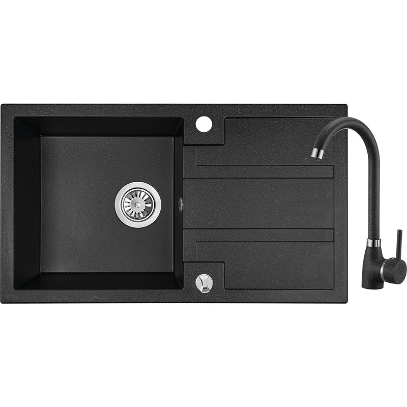 Plautuvės komplektas ODUS Od-306, 76 x 44 x 19,4 cm, akmens masės, juodos spalvos, komplekte maišytuvas, ventilis, Lenkija